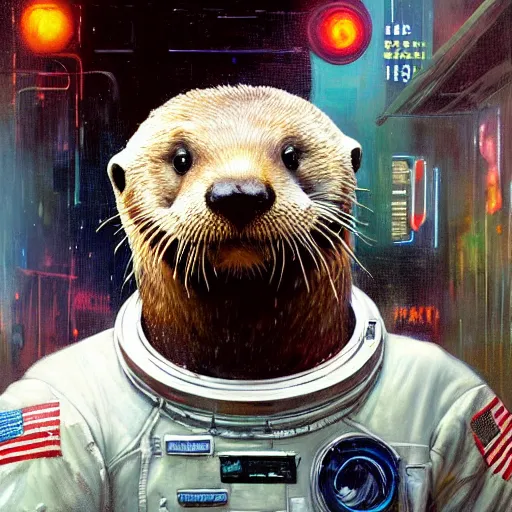 Prompt: hyperrealistic portrait of an athropomorphic otter wearing an astronaut outfit, bladerunner street, art of elysium by jeremy mann and alphonse mucha, fantasy art, photo realistic, dynamic lighting, artstation, poster, volumetric lighting, very detailed face, 4 k, award winning, cinematic lighting