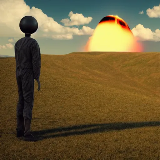 Image similar to a mannequin standing in a hill with a nuclear detonation in the background, 3 d render, octane, ray tracing, ultra detailed, photorealistic, ultra high resolution, 8 k, night time