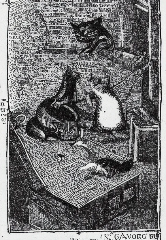 Prompt: [Dark medieval illustration of a cat watching youtube on a computer]