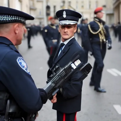 Image similar to a policeman with the face of emmanuel macron