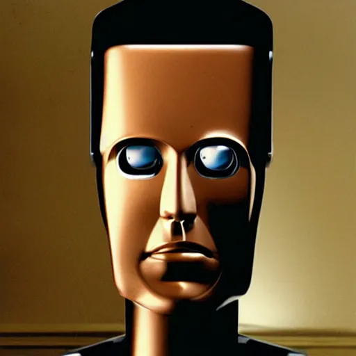 Prompt: The man with robot head, man head, robot head, movie by David Lynch