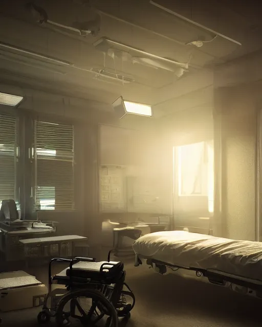Prompt: artstation scifi scene of a shabby chinese hospital ward, big fan ， dust ， a bunch of light on a business card, bed, wheelchair, window, bedside table, paneled walls, unreal engine 5, hyper realism, realistic shading, cinematic composition, blender render, octane render, hdr, detailed textures, photorealistic, wide shot