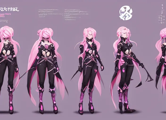 Image similar to character sheet for a beautiful and cute girl for genshin impact by greg rutkowski, black to light pink fade hair, genshin impact style, overwatch style, sorcerer magic witch, longsword, digital art, trending on artstation, hd, 8 k, highly detailed, good lighting, beautiful, masterpiece