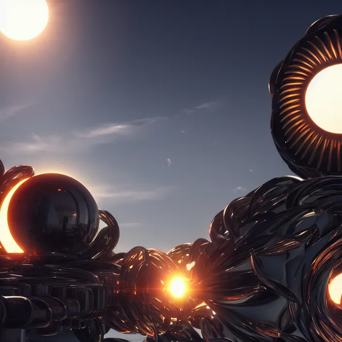 Image similar to the sun surrounded by metal. high tech. octane render, trending on artstation, very coherent symmetrical artwork. cinematic, hyper realism, high detail, octane render, 8 k, iridescent accents
