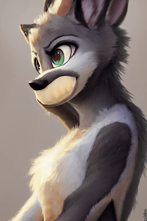 Prompt: oil painting concept art of anthromorphic female wolf, in style of cory loftis, female fursona, furry, furaffinity, 4 k, deviantart, furry art, fursona art, wearing black business suit, business suit, in style of zootopia, wolf fursona, cyberpunk, female, very expressive detailed feminine face,