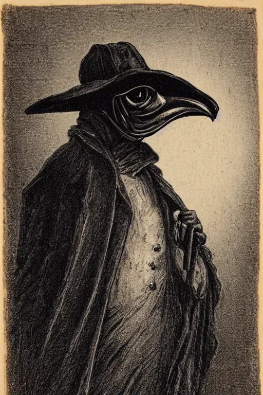 Prompt: daguerreotype of a Plague Doctor, extremely detailed, Ultra HD, circa 1890, trending in artstation