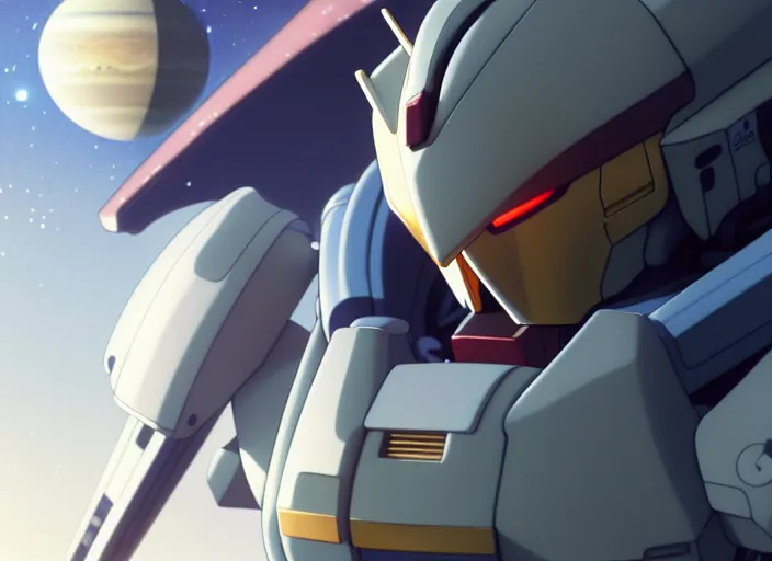 Image similar to a film still portrait of a planterary sized gundam, bokeh, finely detailed features, perfect art, over looking saturn,, trending on pixiv fanbox, painted by yusuke murata greg rutkowski makoto shinkai takashi takeuchi studio ghibli, akihiko yoshida