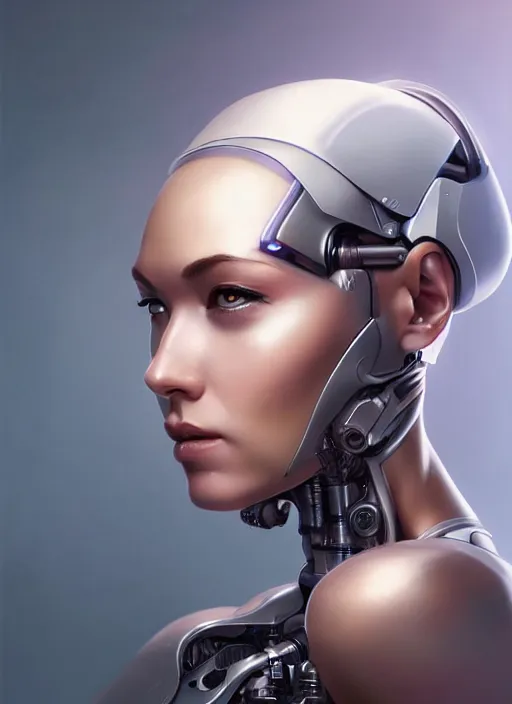 Image similar to portrait of a cyborg woman who turns her head to the (((((right))))) left by Artgerm,eyes closed , biomechanical, hyper detailled, trending on artstation