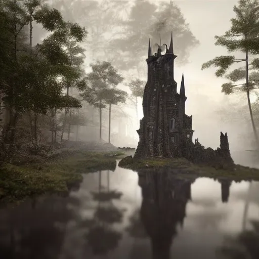 Image similar to full body pose, hyperrealistic photograph of the black castle of rotbog swamp, dim volumetric lighting, 8 k, octane beautifully detailed render, extremely hyper detailed, intricate, epic composition, cinematic lighting, masterpiece, trending on artstation, very very detailed, stunning, hdr, smooth, sharp focus, high resolution, award, winning photo, dslr, 5 0 mm