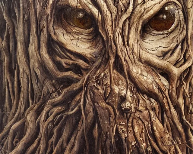 Image similar to a talking tree, a face in the bark, nose made of wood, mouth in the bark, eyes in the bark, fantasy concept art, digital oil painting, hyperrealistic, beautiful, treebeard, ent, magical, highly detailed, very detailed eyes, artstation, cgsociety, in the forest, by alan lee, by artgerm