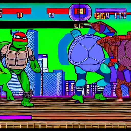 Prompt: teenage mutant ninja turtles in new york, 6 4 - bit style, video game.