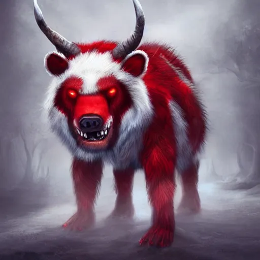 Image similar to a red and white bear with horns, stunning artwork, artstation, hyper - detailed digital art, fear, anguish, menacing,