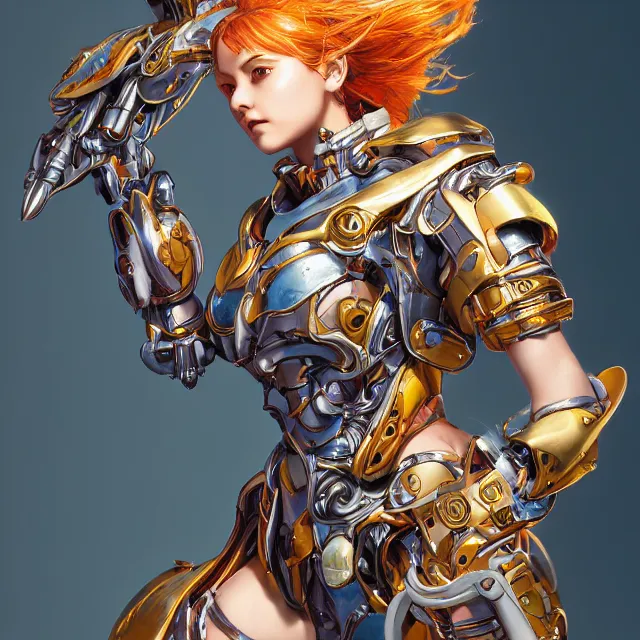 Image similar to studio portrait of lawful good colorful female holy mecha paladin absurdly beautiful, elegant, young swimsuit model, ultrafine hyperrealistic detailed face illustration by kim jung gi, irakli nadar, intricate linework, sharp focus, bright colors, matte, octopath traveler, final fantasy, unreal engine highly rendered, global illumination, radiant light, intricate environment