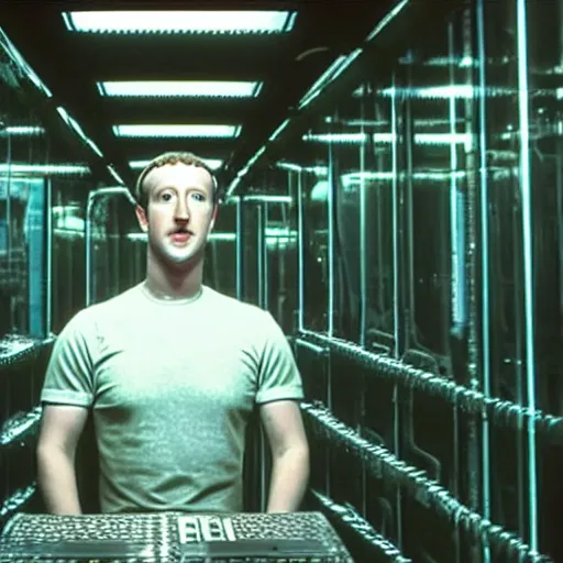 Image similar to mark zuckerberg sitting in front of his clones growing inside a vat of protein fluid. They are inside the cloning med bay of an alien ship. From the movie Alien IV directed by David Fincher.