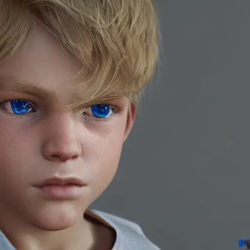 Image similar to a detailed portrait of boy with blonde hair and blue eyes, unreal engine 5 rendered, incredibly highly detailed and realistic, 8 k, sharp focus, studio quality