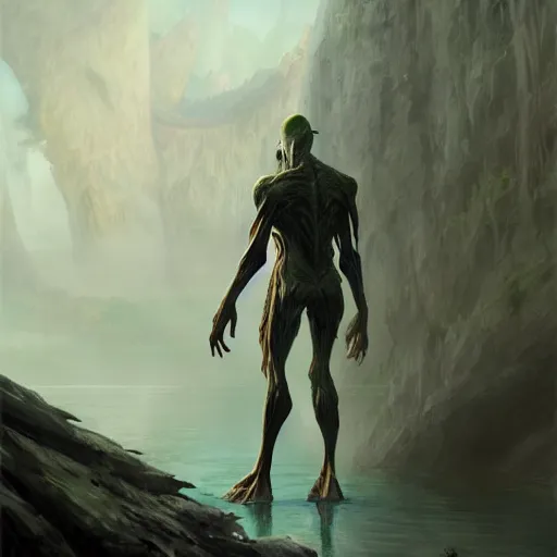 Prompt: gollum as a titan, attack on titan, beautiful, serene colors, lake background, complimentary contrast, dramatic lighting, masterpiece, high contrast, painted by stanley lau, painted by greg rutkowski, painted by stanley artgerm, digital art, trending on artstation