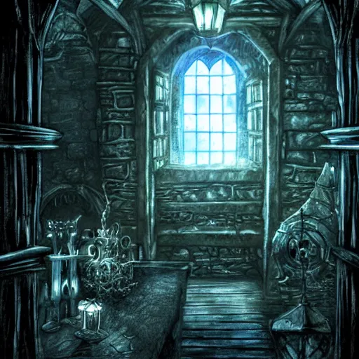 Prompt: dungeon cell, night, moonlight, stunning, light flowing through the windows, detailed, by luis royo, by pixar, by myazaki, gothic, final fantasy, fantasy, medieval