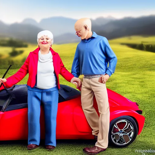 Prompt: 0 8 s photo of elder couple, pose like the new sweet lover in the paddle field with red super car, photo realistic, high - detail,