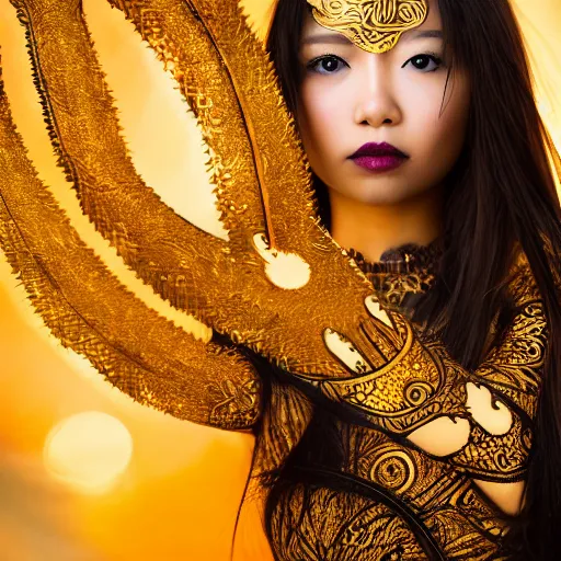 Image similar to asian girl, liquid golden and black fluid, magic hour, dramatic light, liquid painting, golden bodypaint, world best photography, indian patterns, bokeh, golden jewelry filigree