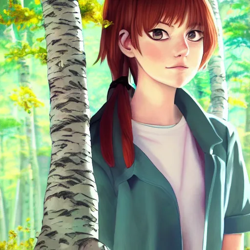 Prompt: portrait art of beautiful anime girl emma stone in summer adidas outfit, birch tree on background, art by studio ghibli, makoto shinkai, artstation, great rutkowski, intricate details, 4 k