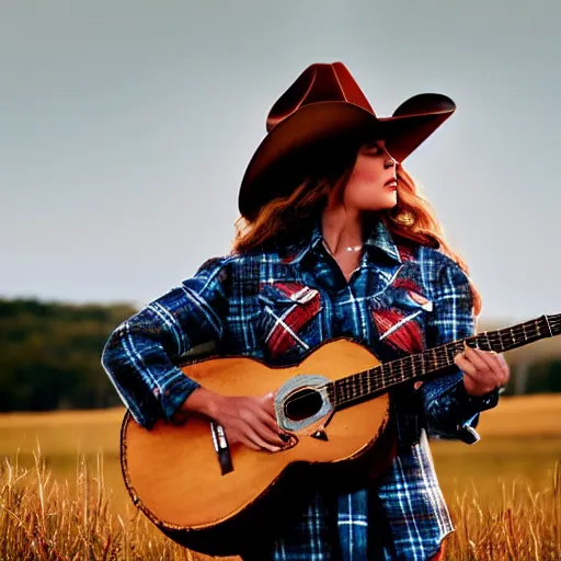 Image similar to a female fluffy fox animal, wearing cowboy hat, wearing plaid shirt, playing guitar, in a field, barn in background, album cover style