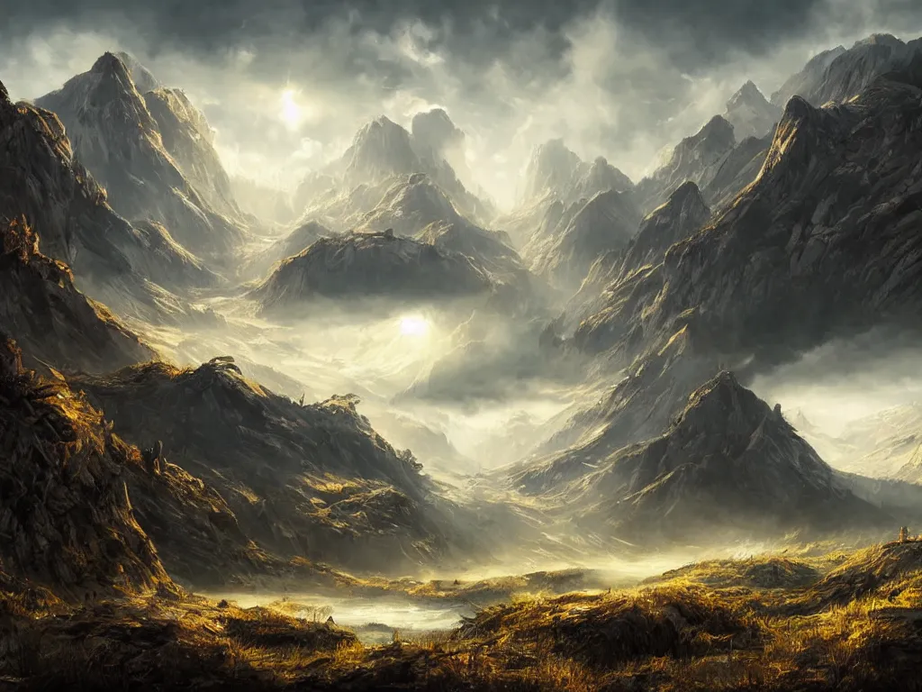 Image similar to a cinematic landscape view looking at an open field, cyberpunk wildlife, mountains in the distance with a river running down, the sun shines through the parted clouds, digital painting, fantasy, art by alexandre mahboubi and christophe oliver