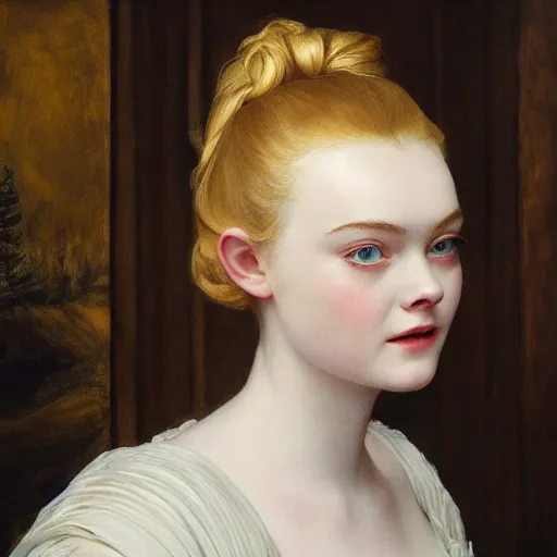 Prompt: Elle Fanning as an Android, head and shoulders masterpiece, oil on canvas, golden hour, in the world of Andrew Wyeth, artstation, by J. C. Leyendecker and Peter Paul Rubens,