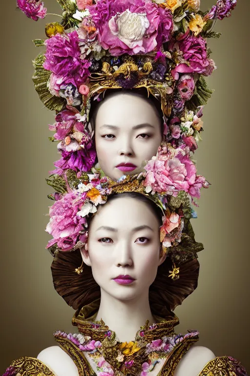 Prompt: a beautiful empress portrait, with a brilliant, impossible striking big flower headpiece, clothes entirely made out of flowers, symmetrical, dramatic studio lighting, rococo, baroque, jewels, asian, hyperrealism, closeup, D&D, fantasy, intricate, elegant, highly detailed, digital painting, artstation, octane render, 8k, concept art, matte, sharp focus, illustration, art by Artgerm and Greg Rutkowski and Alphonse Mucha