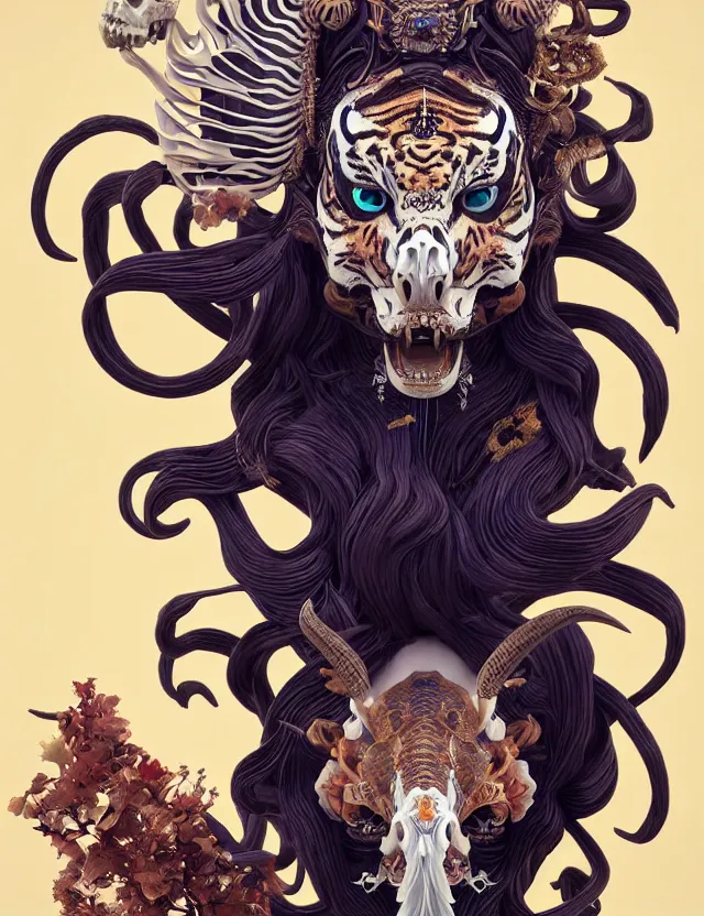 Prompt: 3 d goddess tiger skull half - turn portrait with long hair with ram skull. beautiful intricately detailed japanese crow kitsune mask and clasical japanese kimono. betta fish, jellyfish phoenix, bio luminescent, plasma, ice, water, wind, creature, artwork by tooth wu and wlop and beeple and greg rutkowski