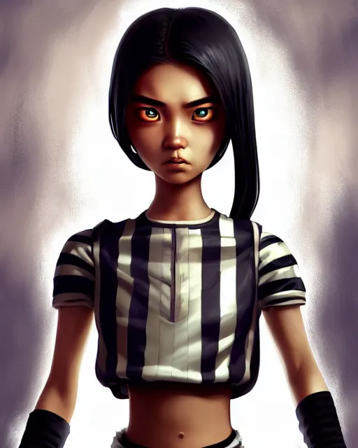 Prompt: An epic fantasy comic book style portrait painting of a young Malaysian woman, expressive, dark piercing eyes, tomboy, flat face, pouting, tan skin, beautiful futuristic hair style, tank top with black and white stripes, long sleeves, bare midriff, awesome pose, character design by Mark Ryden and Pixar and Hayao Miyazaki, unreal 5, DAZ, hyperrealistic, octane render, cosplay, RPG portrait, dynamic lighting, intricate detail, summer vibrancy, cinematic