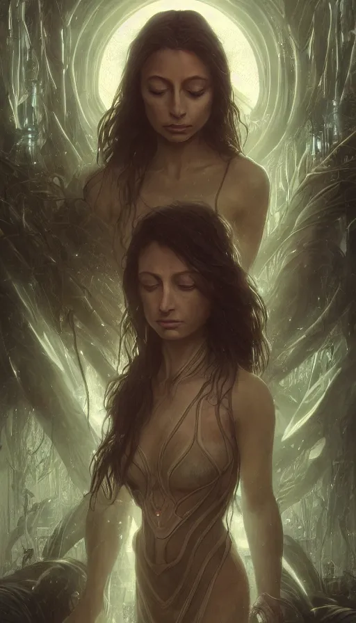 Image similar to testament, altered carbon, angela sarafyan, dreamy vibe, fibonacci, sweat drops, insane intricate, highly detailed, cinematic, atmospheric. digital painting, artstation, concept art, smooth, sharp focus, illustration, unreal engine 5, 8 k, art by artgerm and greg rutkowski and alphonse mucha, laura sava, laura palmer