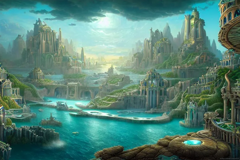 Image similar to a beautiful complex insanely detailed matte painting of the magical city of Atlantis by Heironymous Bosch and Tyler Edlin