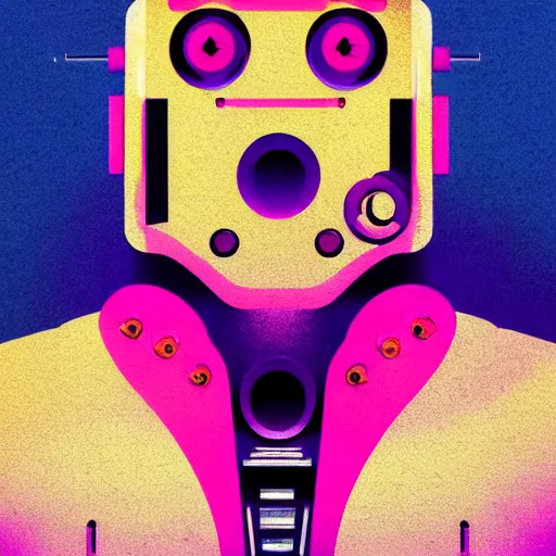 Image similar to portrait of a robot, colorful, modern art deco, mads berg, karolis strautniekas, christopher balaskas, stippled light, fog, moody, fine texture, editorial illustration, dramatic lighting, dynamic composition, detailed, matte print, dynamic perspective, muted color