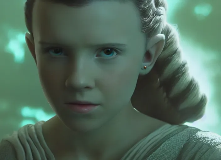 Prompt: film still of millie bobby brown as princess leia in star wars movie, long braided hair pulled back, closeup portrait, wearing long white robe with yoda on dagobah, deep focus, glamour pose, dramatic lighting, octane, mist, volumetric lighting, split scene, 8 k