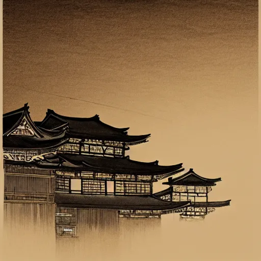 Image similar to a beautiful ink painting of buildings in japanese traditional style, in the style of hiroshi yoshida, at night, light effect, detailed, high - definition, exquisite isolated very detailed, moody lighting, 8 k highly detailed, trending on artstation