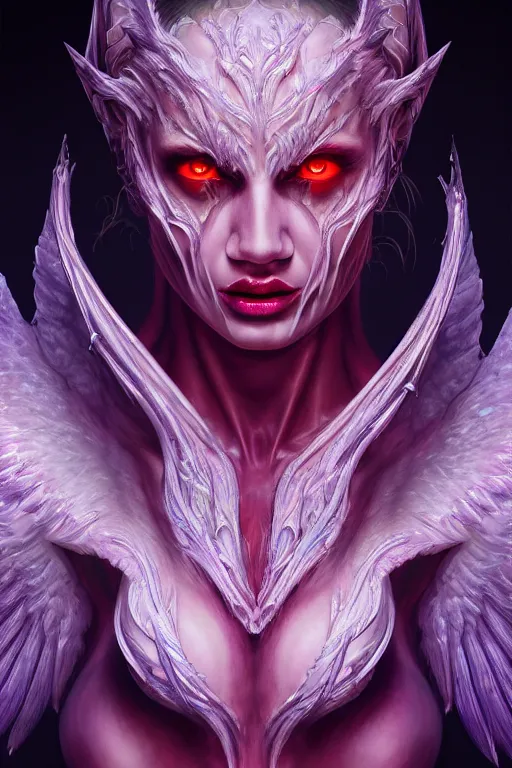 Image similar to hyper detailed ultra sharp of a beautiful azazello is one of the demonic and mystical characters in the work, a negative character in biblical stories, a fallen angel who opposed the will of god. various reference for artists, facial expressions, trending on artstation, neon colors, hyper detailed, digital art, cinematic lighting, concept art by artgerm, 8 k