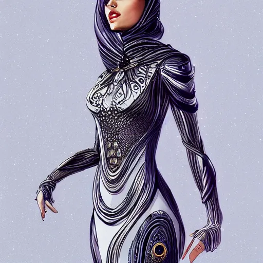 Image similar to a beautiful arabian woman wearing a futuristic dress by alexander mcqueen, artgerm, fashion show, futuristic, organic dress, seamless pattern, concept art, fantasy