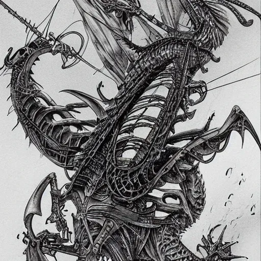 Prompt: dragon flying with steam punk apparatus on it's back, clean lines, really clear, crisp detail, fine pen, artstation, Ian Miller, H.R. Giger, Tool Album