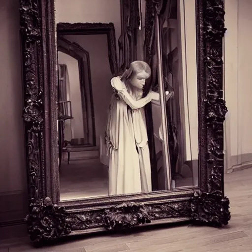 Image similar to a beautiful victorian woman is frightened by her doppleganger in a mirror. she is in a long hallway of mirrors. elegant design, haunting atmosphere, dimly lit, gothic, horror style, mist, low angle, 3 / 4 view.