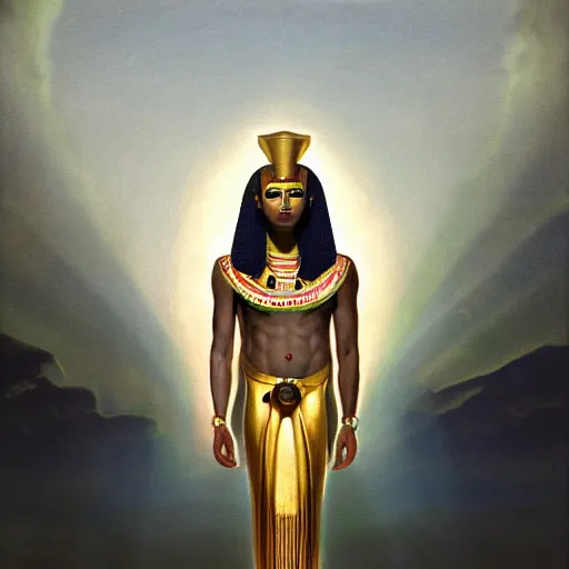 Image similar to Portrait of Egyptian God Osiris with infinite rays of consciousness emitting from his third eye concept art by George Stubbs, highly detailed, ultra detailed, ultra realistic, trending on artstation