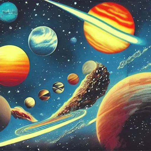 Image similar to planets in space, poster, album art, cover art, fantasy, queen, journey, starship band