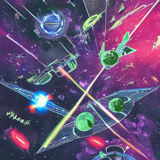 Image similar to intricate space battle in the style of mark cooper