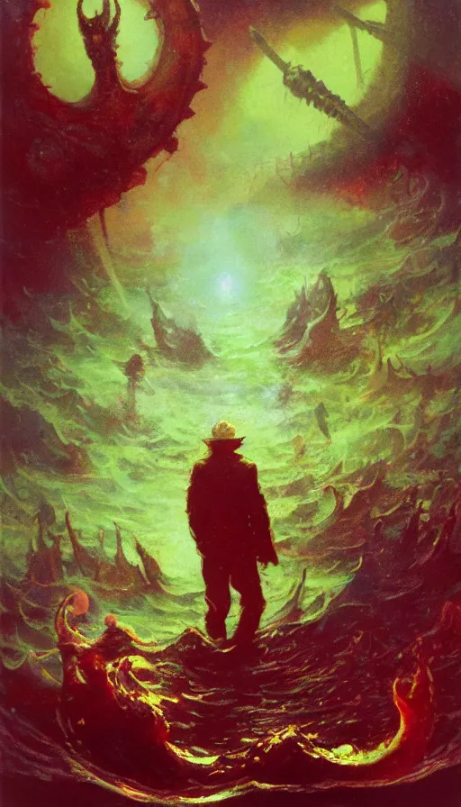 Image similar to man on boat crossing a body of water in hell with creatures in the water, sea of souls, by paul lehr,