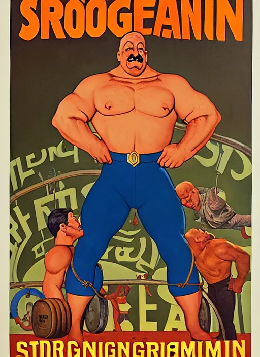 Image similar to poster for circus strongman. portrait by clyde caldwell and jean giraud and anton otto fischer and john philip falter and will eisner and gil elvgren