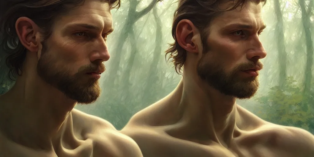 Image similar to caucasian man in park of forest gog, male, clear face, masculine, upper body, muscular, fantasy, intricate, elegant, highly detailed, digital painting, artstation, concept art, matte, sharp focus, illustration, art by artgerm and greg rutkowski and alphonse mucha