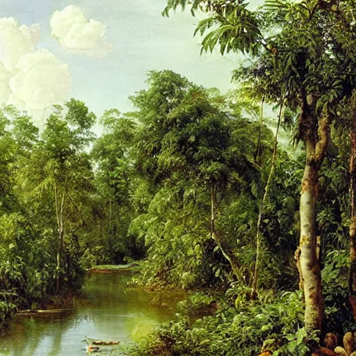 Image similar to tropical fruit trees and white milk river, mangos, painting by ivan shishkin