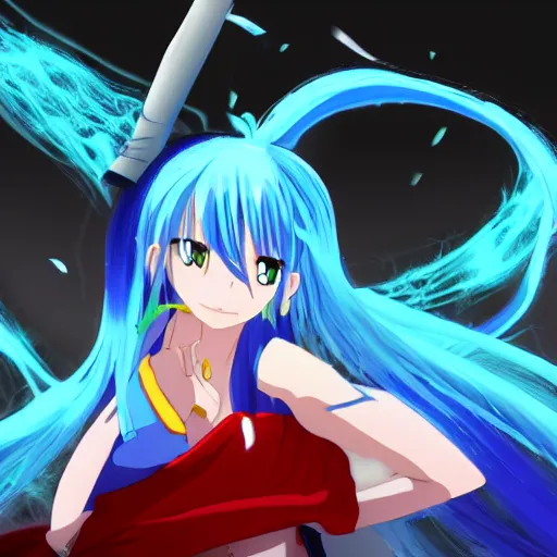 Image similar to rimuru tempest from that time i got reincarnated as a slime, with long blue hair in a ponytail, with bangs, pale skin, yellow eyes, fully clothed in red robes, highly detailed, 8 k, octane render, trending on pixiv, realistic, volumetric lighting, rippling water, sprites, god rays,