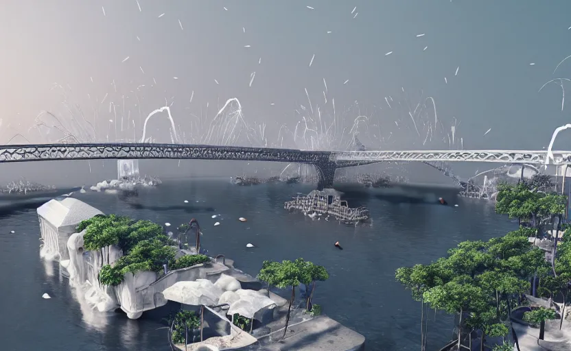 Image similar to explosions in the form of realistic white cotton plants on harbour bridge, huge white cotton everywhere on the destroyed harbour bridge, smooth, sharp focus, highly detailed, 3 d octane render, epic lighting, crazy atmosphere, lots of white cotton, 8 k, by goro fujita