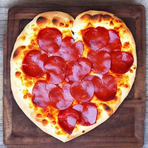 Image similar to heart shaped magerhita pizza with alot of cheese, 4 - 5 cherry tomata served on a wooden plate