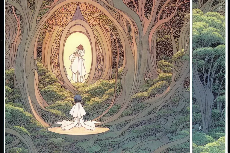 Prompt: a symmetrical!!! delicate mtg illustration by charles vess, rebecca guay and kawase hasui in the style of studio ghibli of a large group of people entering the glowing doorway of a massive vulva - shaped temple constructed of tree trunks, carved iridescent pearls and house - sized crystals of smooth and organic architecture floating in the astral plane